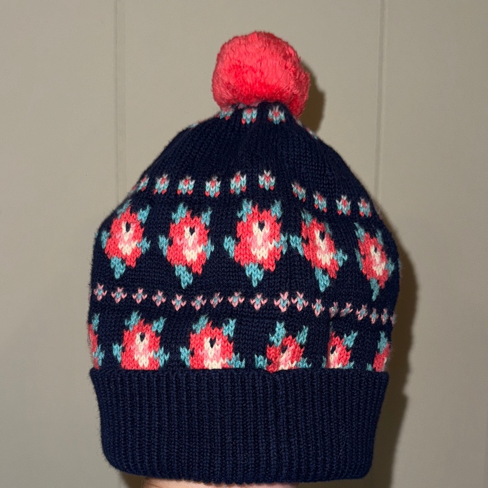 Cath Kidston Navy and Pink Floral Kids Beanie